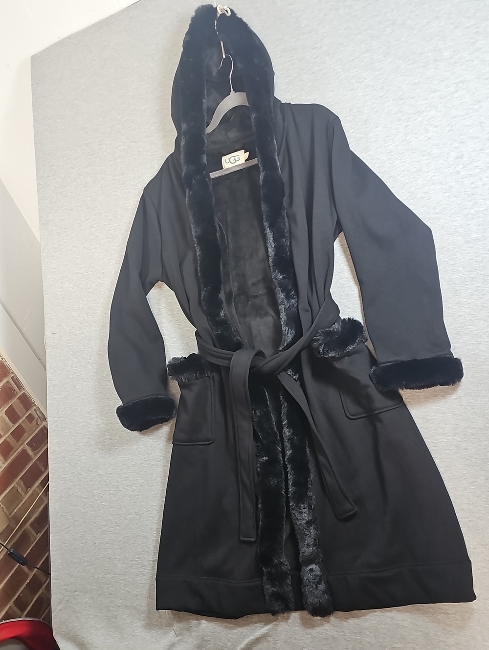 UGG Black Faux-Fur Trim Hooded Trench Coat